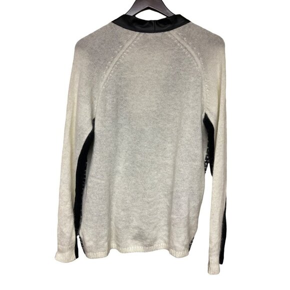 Trouve White Black Angora Faux Leather Trim Cardigan Sweater Women's Size Medium - Picture 4 of 9